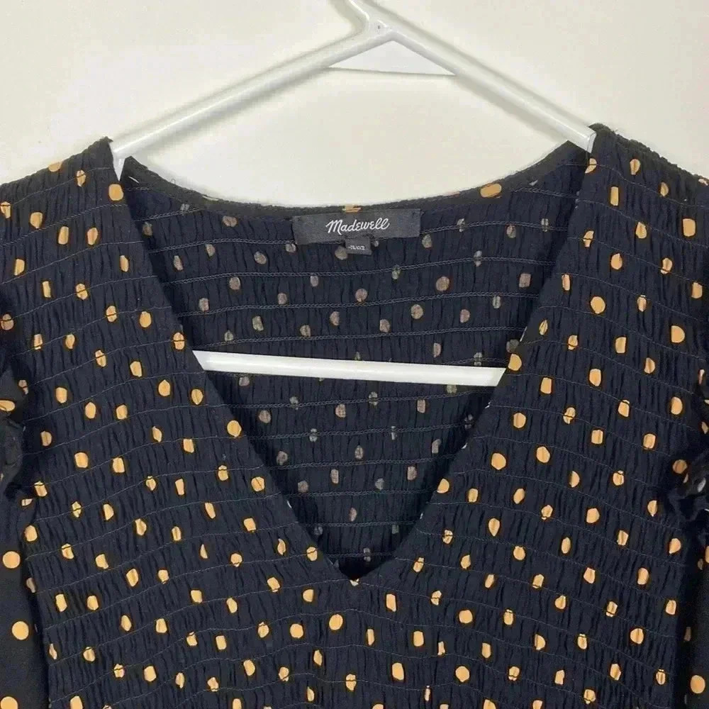 Madewell Women's XXS Black Tan Polka Dot 3/4 Sleeve Above Knee Dress Casual - Picture 4 of 9